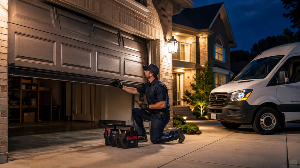 24/7 garage door repair technician inspecting a stuck garage door in Virginia