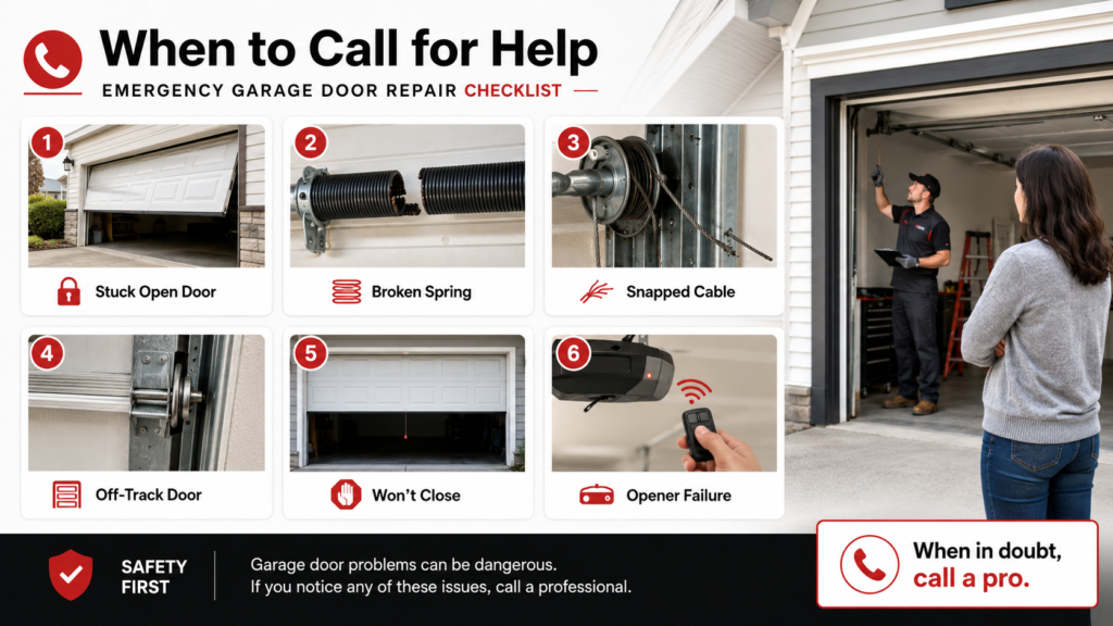 Emergency garage door repair checklist showing when to call for 24/7 help