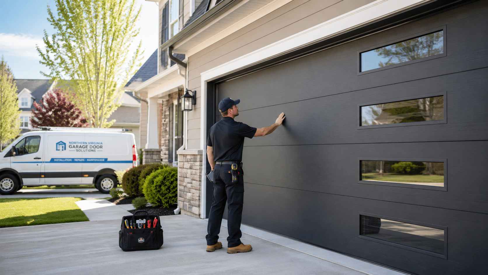 New garage door installation in Northern Virginia with technician inspection