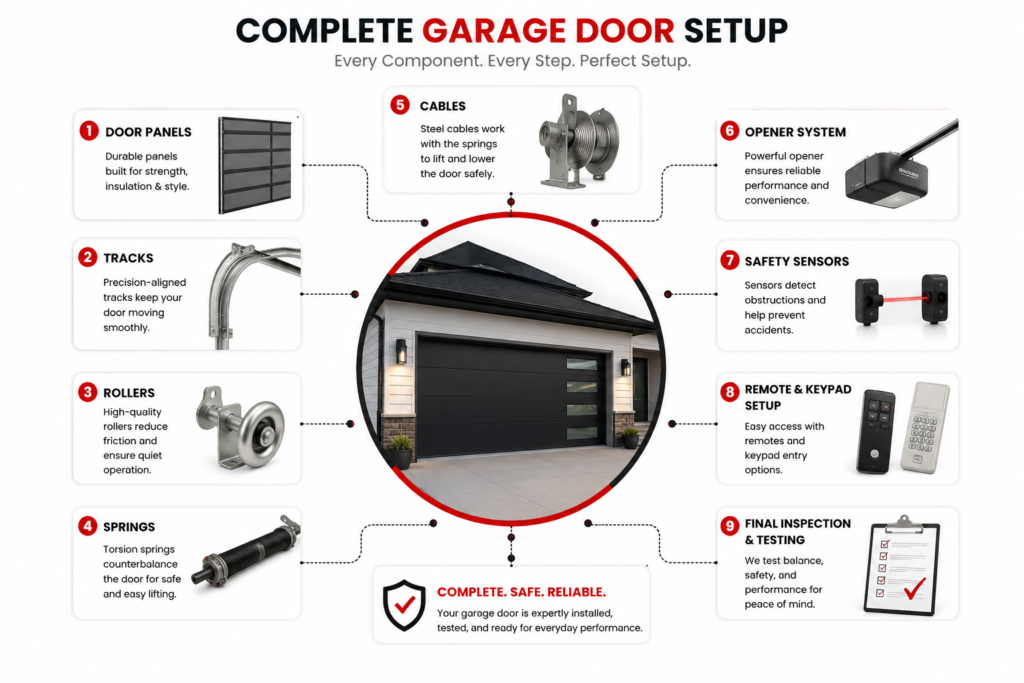 New garage door setup components for NoVA homes including opener and sensors